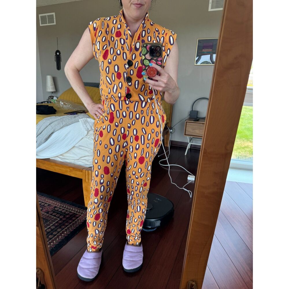 Nooworks Raspberry Print Jumpsuit XS Yellow Purple Red Cotton Lycra Cap Sleeve